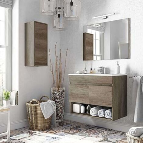 Conjunto mobiliario Aseo con Mueble suspendido 2 Puertas y Hueco, Espejo, lavamanos de pmma y Columna Colgante de diseño Actual y Moderno