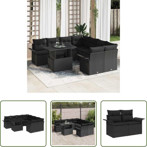 Conjunto modular -  Conjunto de sofá de jardín 9 pcs Negro Rattan de Poliéster