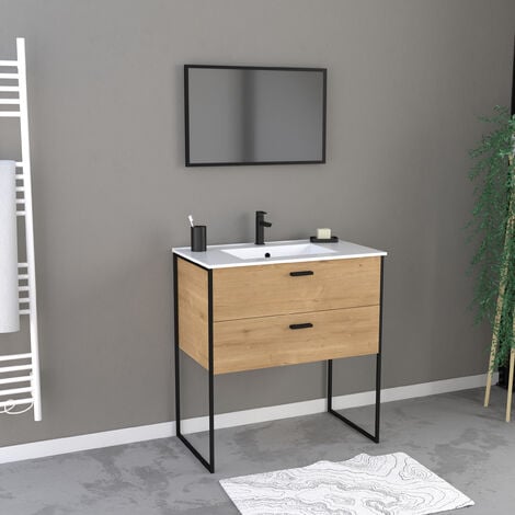Conjunto mueble de baño 80x45cm estilo industrial y roble - Lavabo blanco