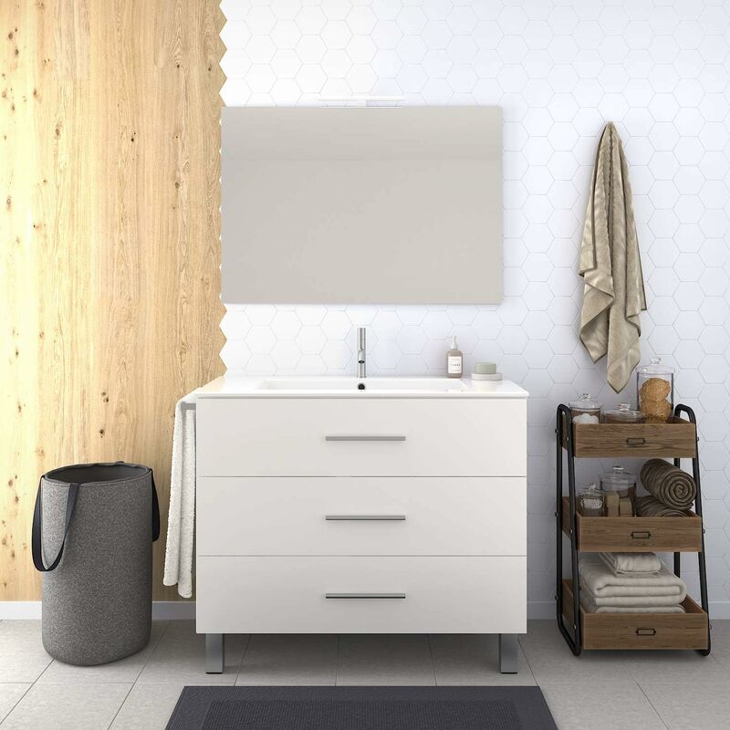 Conjunto Mueble De Baño Blanco De Tres Cajones Con Lavabo, Espejo, Y Toallero Aplique Led No Incluido 100Cm