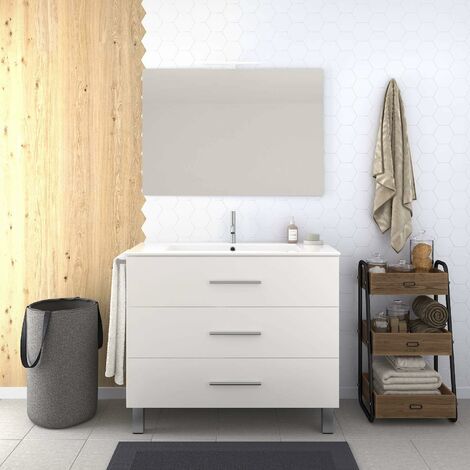 CONJUNTO MUEBLE DE BAÑO BLANCO DE TRES CAJONES CON LAVABO, ESPEJO, Y TOALLERO (APLIQUE LED NO INCLUIDO)