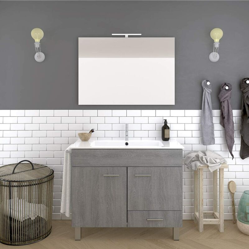 

Conjunto Mueble De Baño Con Dos Armarios Y Un Cajon En Gris Ceniza Con Lavabo, Espejo, Y Toallero (Aplique Led No Incluido) 60Cm