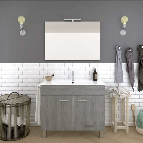 CONJUNTO MUEBLE DE BAÑO CON DOS ARMARIOS Y UN CAJON EN GRIS CENIZA CON LAVABO, ESPEJO, Y TOALLERO (APLIQUE LED NO INCLUIDO) 60CM