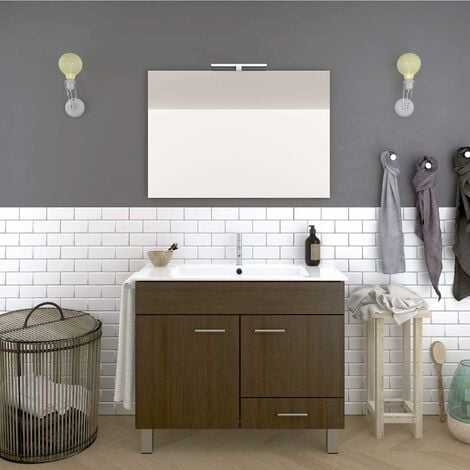 CONJUNTO MUEBLE DE BAÑO CON DOS ARMARIOS Y UN CAJON EN MARRÓN CON LAVABO, ESPEJO, Y TOALLERO (APLIQUE LED NO INCLUIDO) 60CM