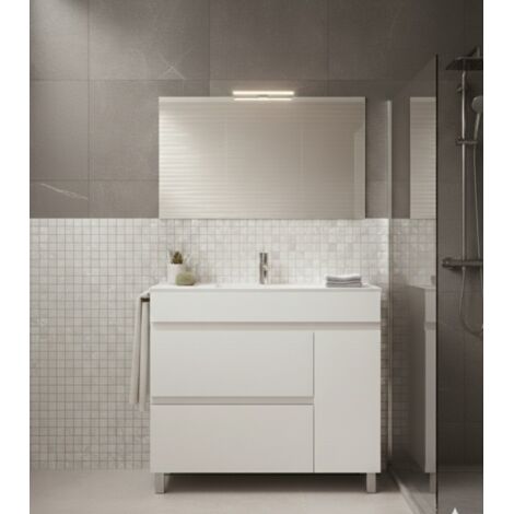 Conjunto Mueble de baño FENRIR ya montado 2 cajones y puerta con patas, lavabo y espejo  Blanco brillo 70x45 cm