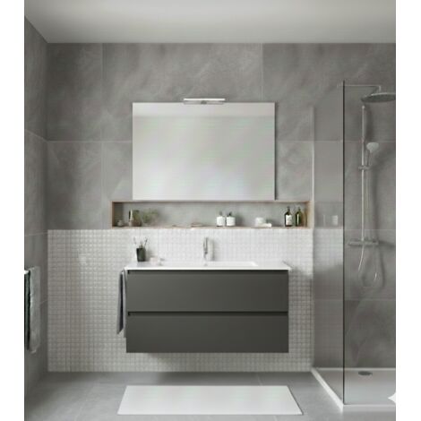Conjunto Mueble de baño LOKI ya montado 2 cajones con patas, lavabo y espejo  Grafito 50x40 cm