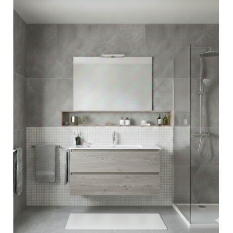 Conjunto Mueble de baño LOKI ya montado 2 cajones con patas, lavabo y espejo  Roble Smoky 70x45 cm