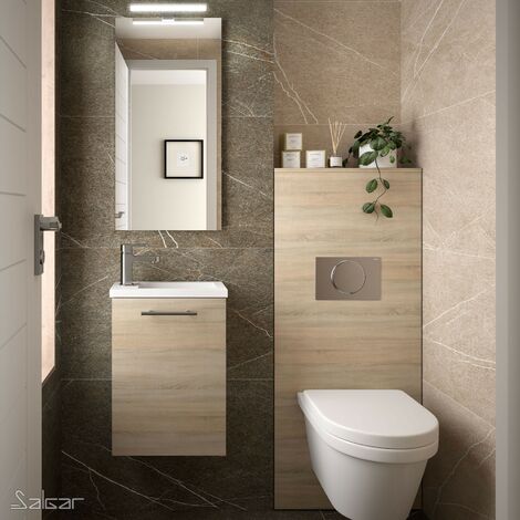 Conjunto mueble de baño MICRO 40 cm ROBLE CALEDONIA + Lavabo + Espejo + Aplique - Roble caledonia