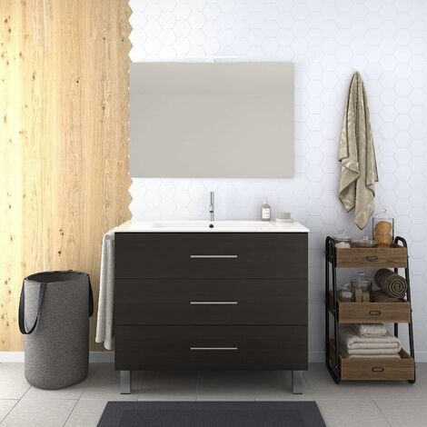 CONJUNTO MUEBLE DE BAÑO ROBLE SINATRA DE TRES CAJONES CON LAVABO, ESPEJO, Y TOALLERO (APLIQUE LED NO INCLUIDO)