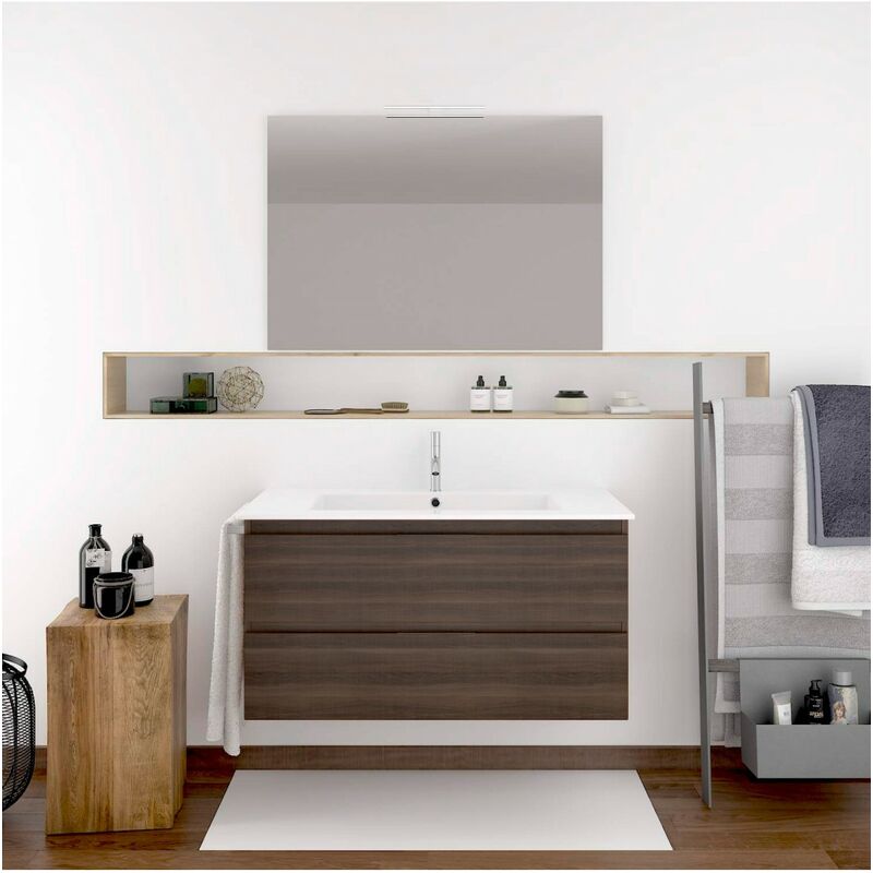 

Conjunto Mueble De Baño Suspendido En Fresno Tea Mizar Con Lavabo, Espejo, Y Toallero (Aplique Led No Incluido) Fondo Reducido 80X35Cm