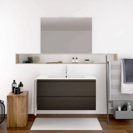 CONJUNTO MUEBLE DE BAÑO SUSPENDIDO EN ROBLE SINATRA MIZAR CON LAVABO, ESPEJO, Y TOALLERO (APLIQUE LED NO INCLUIDO)