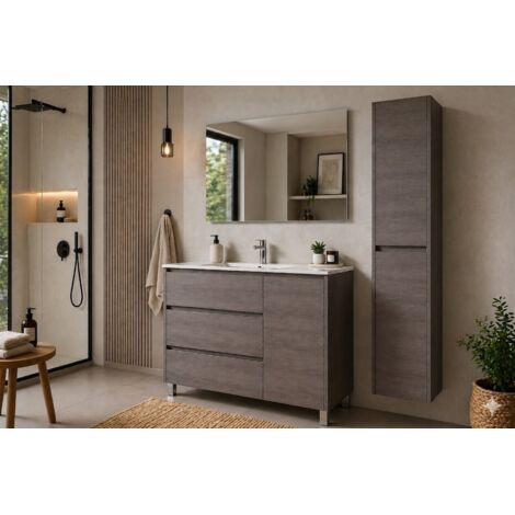 Conjunto Mueble de baño VOLUM ya montado 3 cajones y puerta , lavabo y espejo  Roble Smoky 90x45 cm Con columna