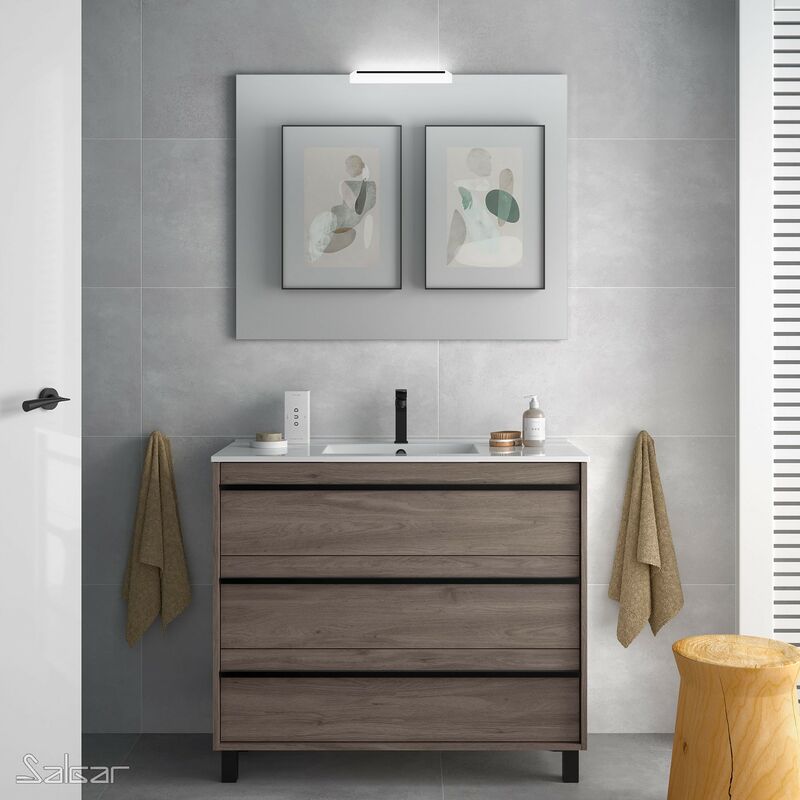 

Conjunto mueble de baño ATTILA 100 Roble Eternity 3 cajones + Lavabo + Espejo + Aplique - Roble eternity