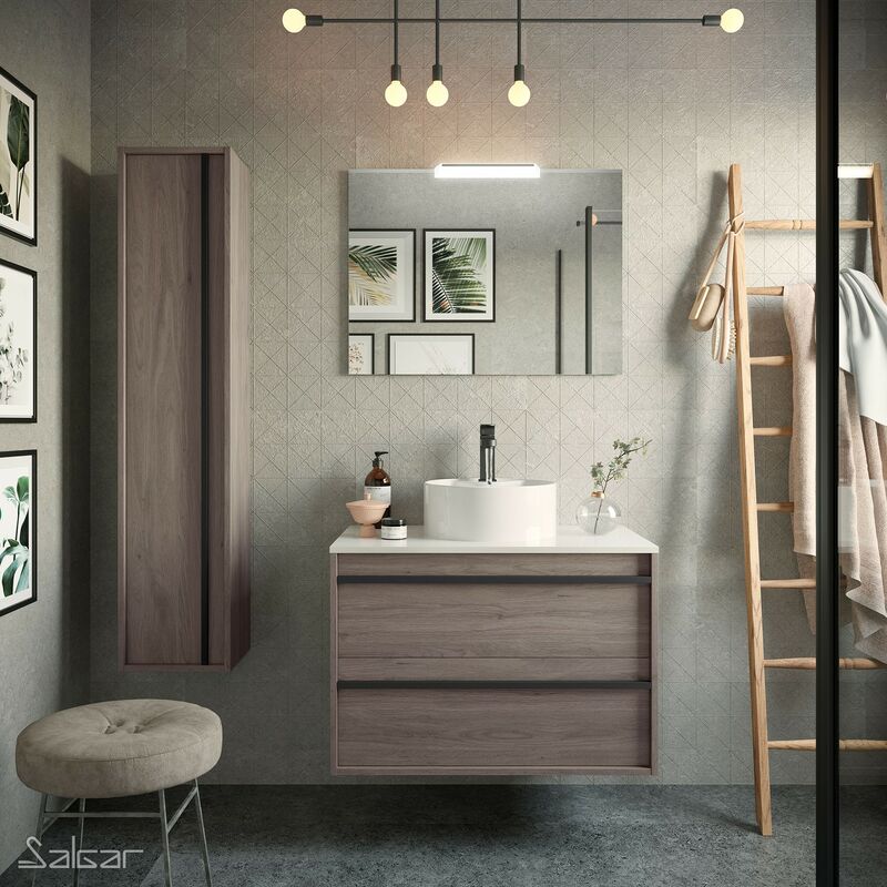 

Conjunto mueble de baño ATTILA 80 Roble Eternity 2 cajones + Lavabo de posar + Espejo + Aplique - Roble eternity