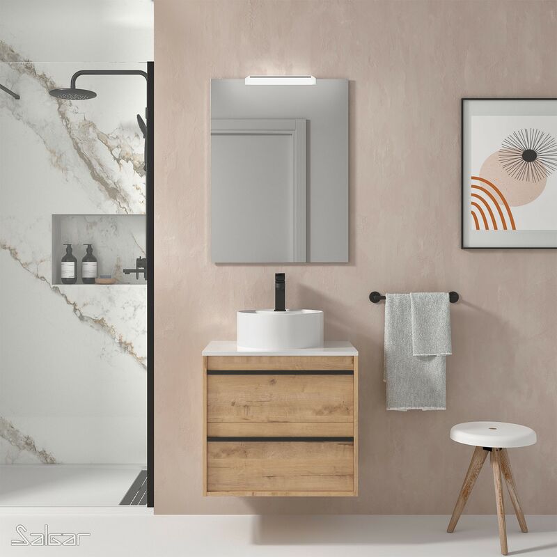 

Conjunto mueble de baño ATTILA 60 Roble Ostippo 2 cajones + Lavabo de posar + Espejo + Aplique - Roble ostippo