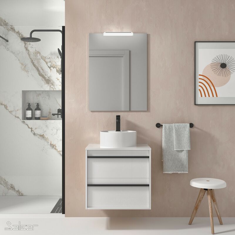 

Conjunto mueble de baño ATTILA 60 Blanco 2 cajones + Lavabo de posar + Espejo + Aplique - Blanco brillo