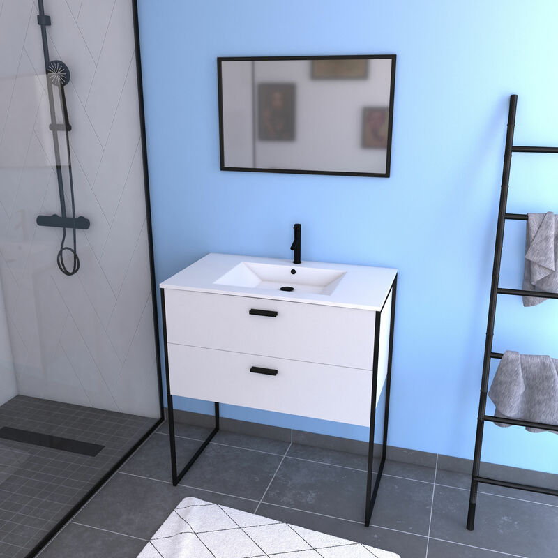 

Conjunto mueble de baño+ - Blanco con patas estilo industrial - 2 Cajones - lavabo blanco