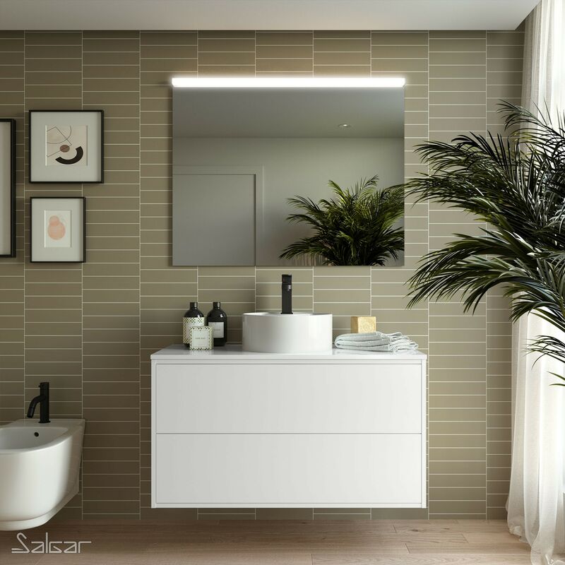 

Conjunto mueble de baño OPTIMUS 100 Blanco mate + Lavabo de posar + Espejo + Aplique - Blanco mate