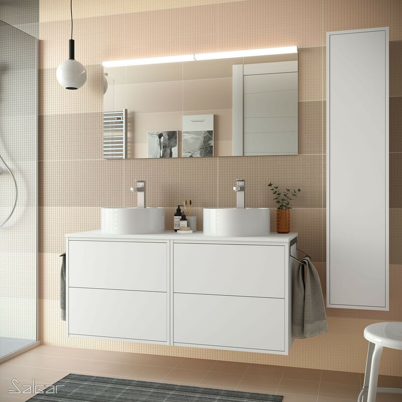 

Conjunto mueble de baño OPTIMUS 120 Blanco mate + Lavabo de posar + Espejo + Aplique - Blanco mate