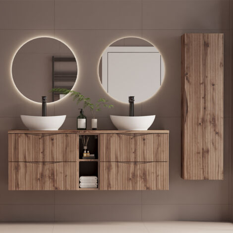 Conjunto mueble doble lavabo 140cm 2 compartimientos y columna Tao Madera
