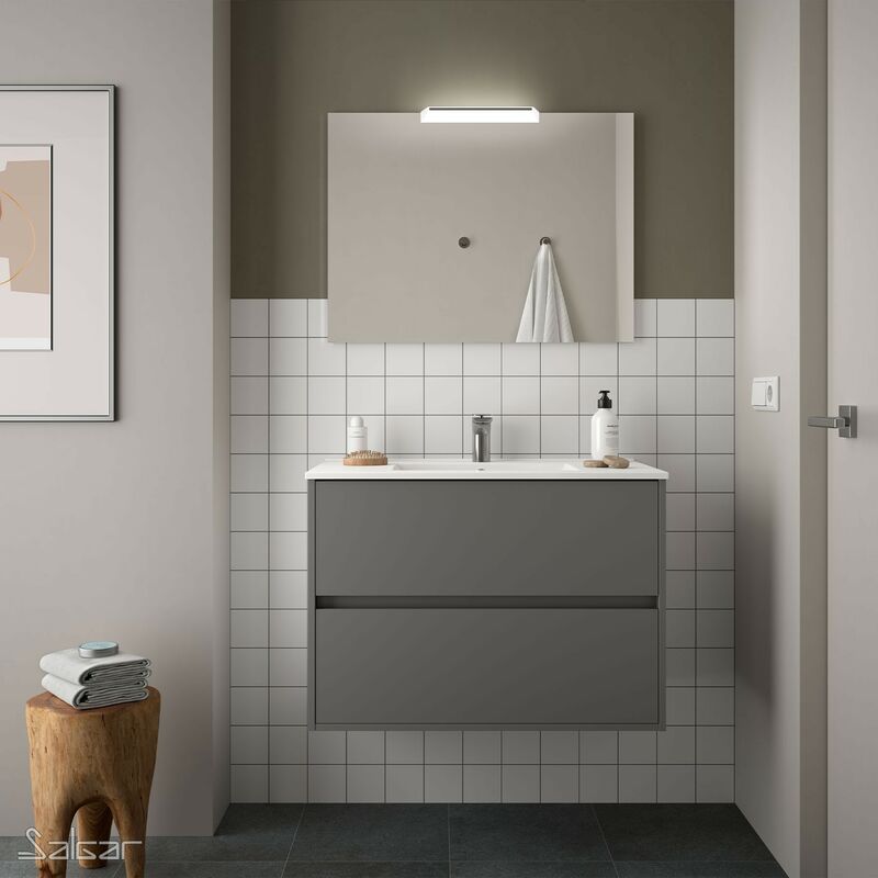 

Conjunto mueble de baño NOJA 90 GRIS MATE + Lavabo + Espejo + Aplique - Gris mate