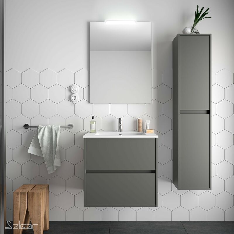 

Conjunto mueble de baño NOJA 60 GRIS MATE + Lavabo + Espejo + Aplique - Gris mate