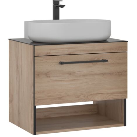 Conjunto Mueble KNIDOS Baño d 1 Cajon con Lavabo y Espejo Roble
