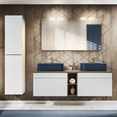 Conjunto mueble lavabo doble 140cm 2 nichos y columna Zelie Blanco Madera y Azul
