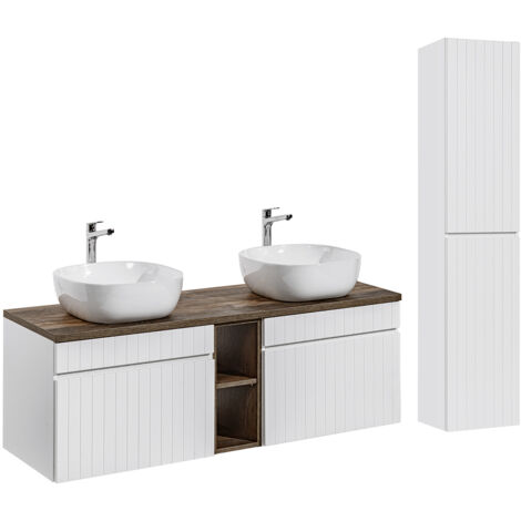 Conjunto mueble lavabo doble 140cm 2 nichos y columna Zelie Blanco y Madera