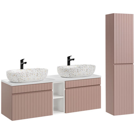 Conjunto mueble lavabo doble 140cm 2 nichos y columna Zelie Rosado y Blanco