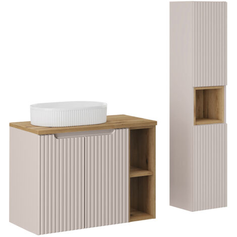 Conjunto mueble lavabo individual 80cm 2 puertas 2 compartimientos y columna Riva Cachemira y Madera
