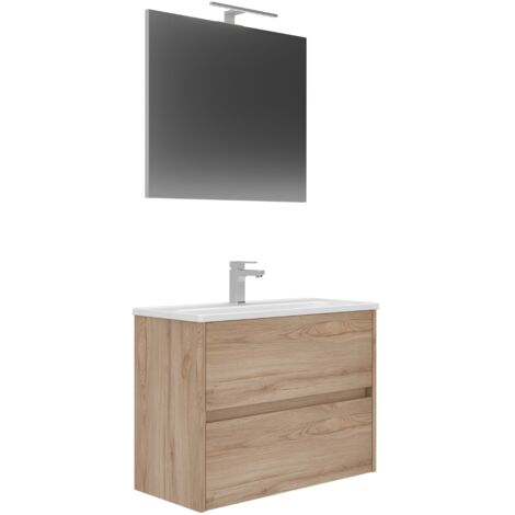 Conjunto Mueble LOVA Baño 2 Cajones con Lavabo y Espejo Roble