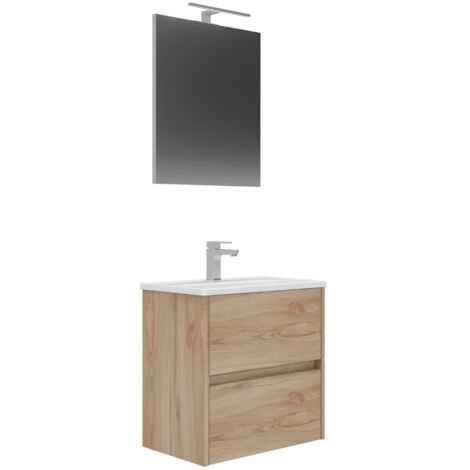 Conjunto Mueble LOVA Baño 2 Cajones con Lavabo y Espejo Roble