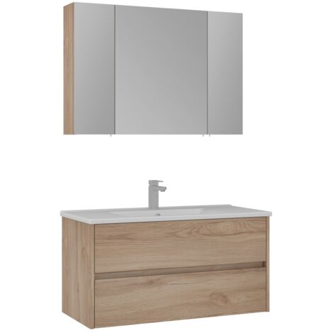 Conjunto Mueble SIDE Baño 2 Cajones con Lavabo y Espejo Roble