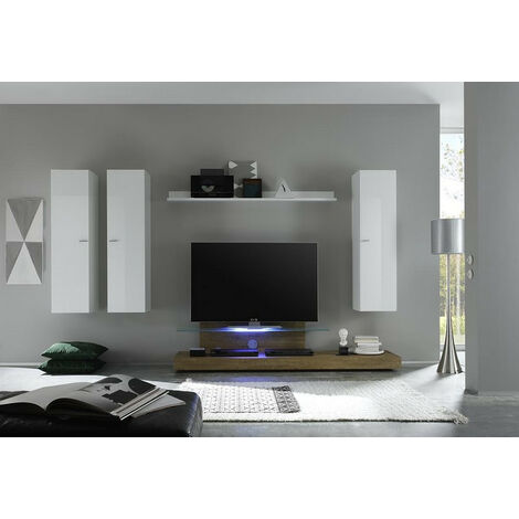 Conjunto mueble TV CASSANO blanco lacado y wengué 360 cm
