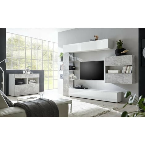 Conjunto mueble TV CELIO blanco y cemento 295 cm