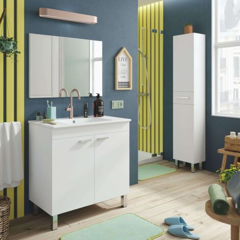 Conjunto Muebles de Baño Atenea con Lavabo y Columna Para Aseo Color Blanco Brillo