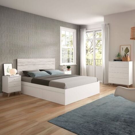 Conjunto Muebles Dormitorio habitación Estilo nórdico Blanco 150 cm (Cabecero + 2 mesitas + Cama + cómoda)