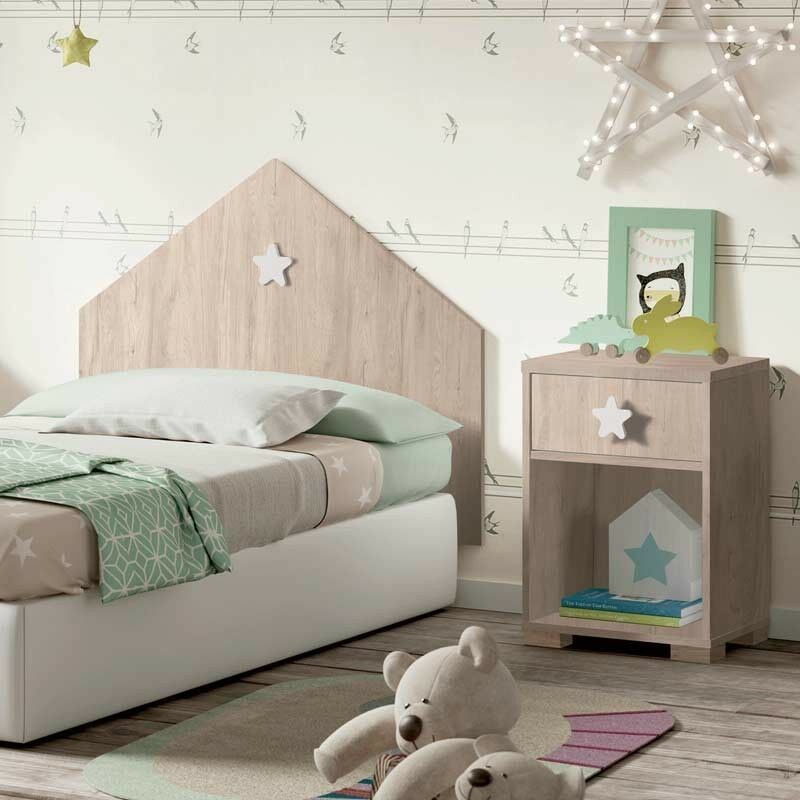 Conjunto Muebles Dormitorio Infantil Shine Cabezal Cama y Mesita Noche Color Roble Estrella Blanca