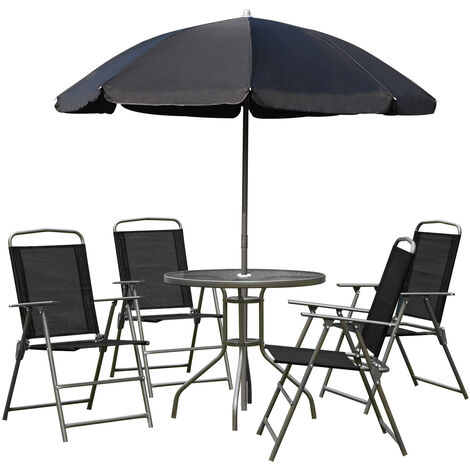 OUTSUNNY Conjunto Muebles Jardin 4 Sillas Mesa de Comedor Redonda Sombrilla Parasol