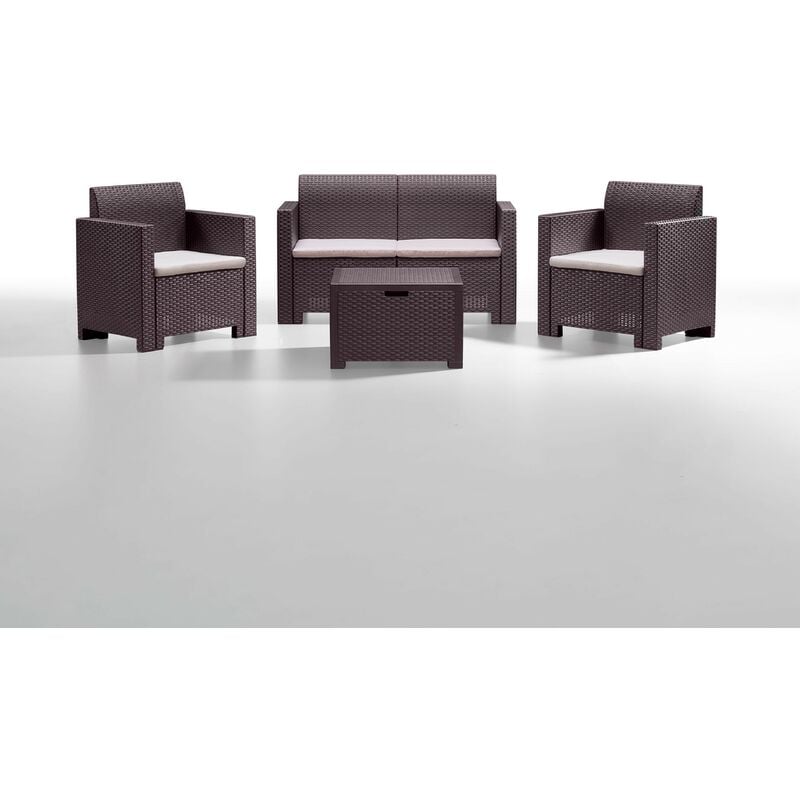 

Conjunto NARDO, 1+1+2+mesa, poliratán chocolate, cojínes incluidos