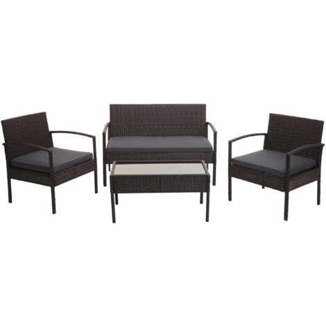 Conjunto para balcón/jardín/salón exterior en poliratán marrón con cojines gris oscuro 040004200