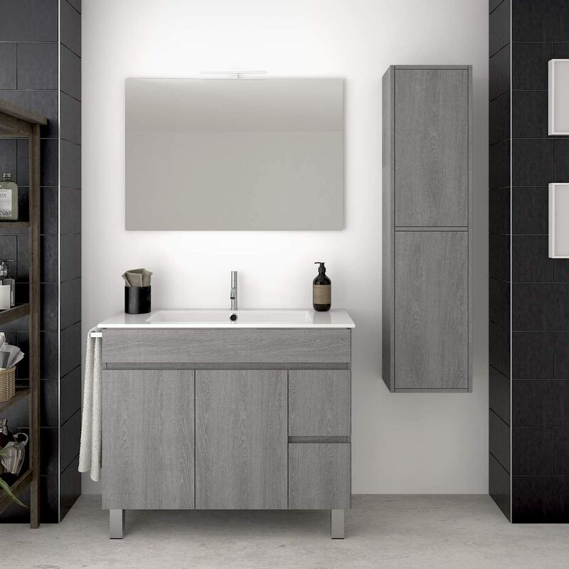 

Conjunto para cuarto de baño VIDAR: Mueble de baño, lavabo, espejo y columna auxiliar ¡¡Con toallero de regalo!! EN GRIS CENIZA 80CM