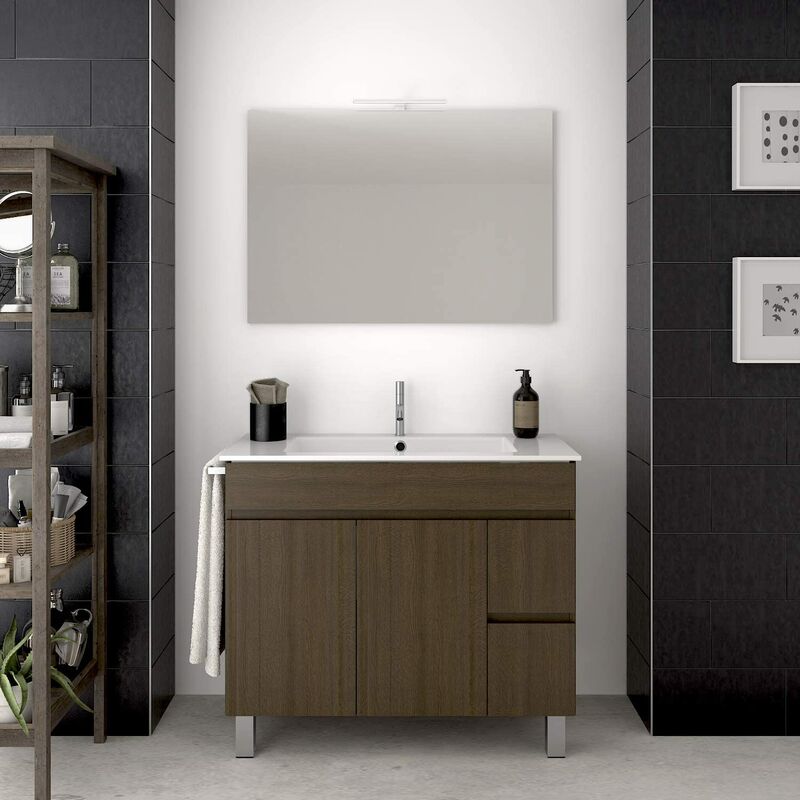 

Conjunto para cuarto de baño VIDAR: Mueble de baño, lavabo y espejo ¡¡Con toallero de regalo!! EN MARRÓN 100CM