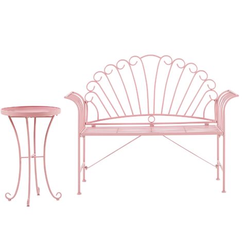 Conjunto para exterior de mesa auxiliar y banco con apoyabrazos acampanados 2 plazas de metal rosa estilo vintage Cavinia