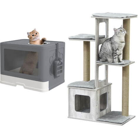 Conjunto para gatos incluye 1 árbol rascador para gatos 114 cm con múltiples plataformas y 1 arenero para gatos cubierto pala cepillo gris