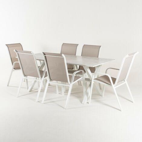 Conjunto para jard n color blanco, Mesa grande de 190 cm y 6 sillones apilables, Aluminio reforzado, 6 plazas