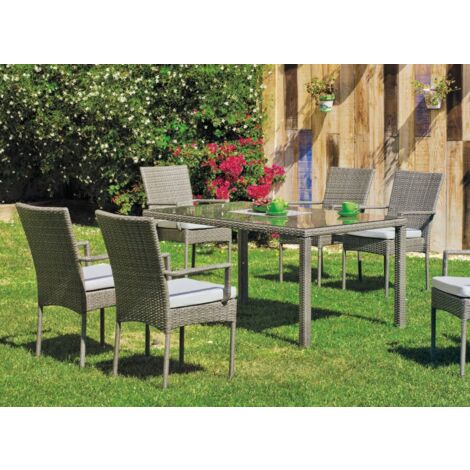 Conjunto para jardín de mesa+4 sillones+4 cojines Mali acabado rattan sintetico gris.