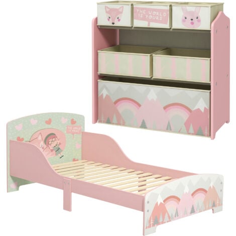 Conjunto para niños incluye 1 cama infantil de madera con barreras de protección y 1 estantería para juguetes con 6 cajas de tela extraíbles rosa