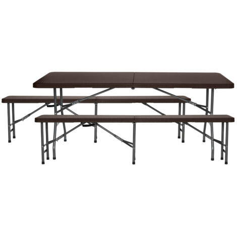 Conjunto Plegable Mesa con 2 Bancos de 180cm Catering Marrón Efecto Ratán 7house